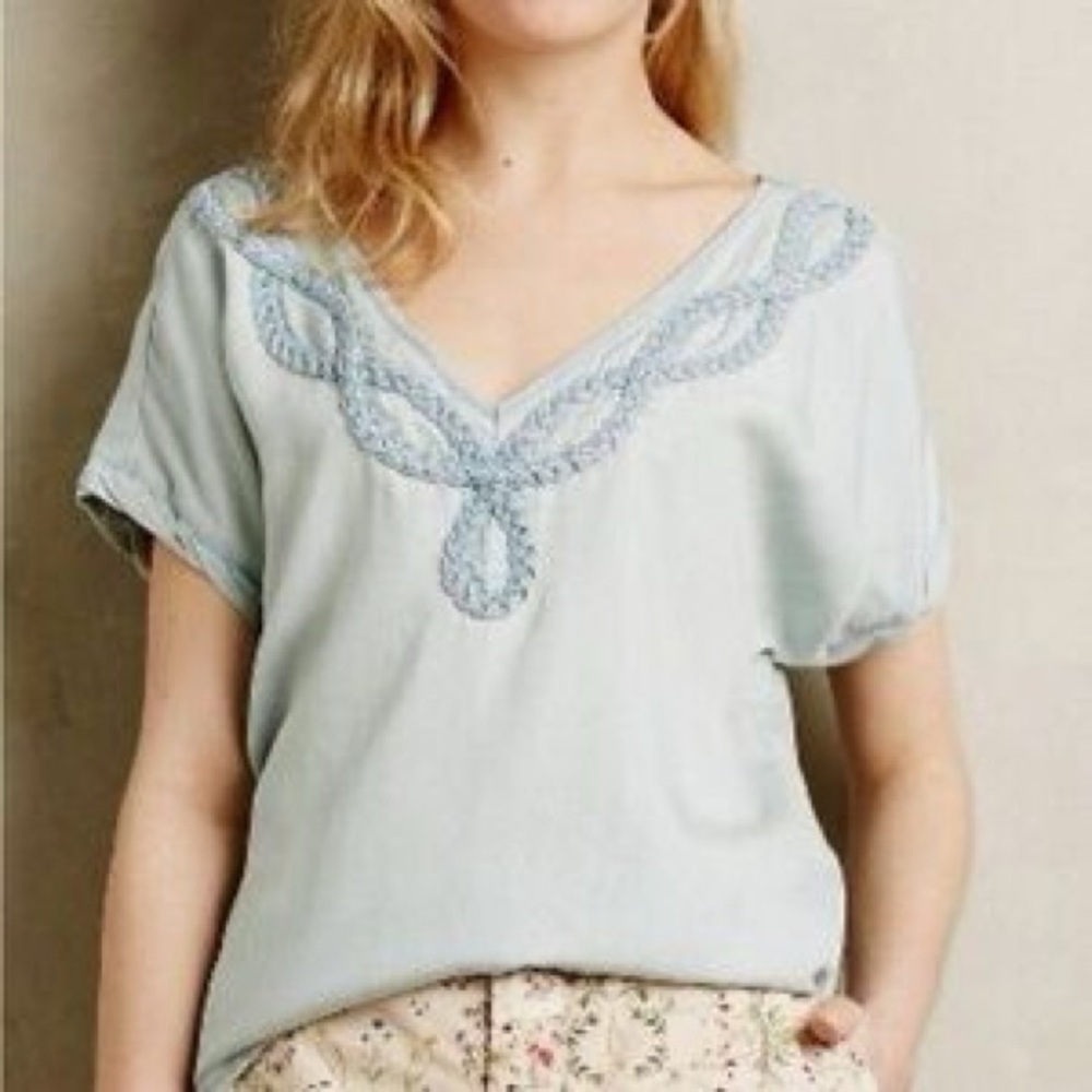 Holding Horses (Anthropologie) Embroidered V-Neck Light Blue Top